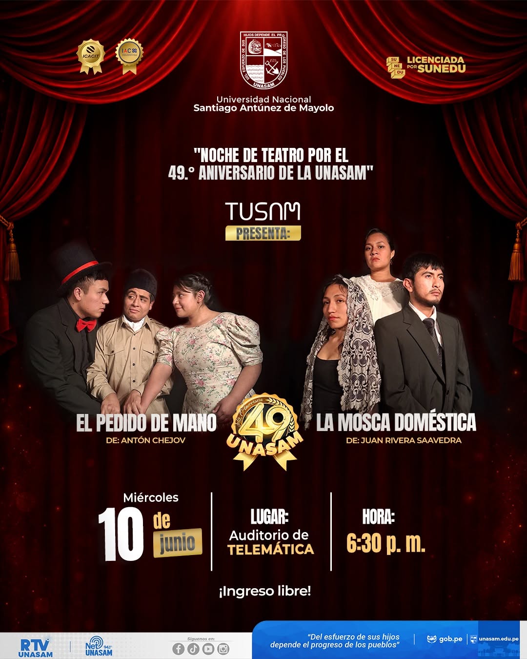  																TUSAM presenta noche de teatro por el 49°. aniversario de la Unasam
																