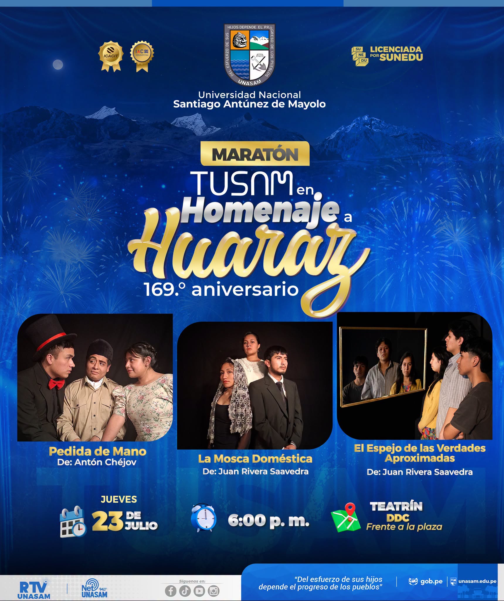  																TUSAM presenta una maratón teatral en homenaje al 169.° aniversario de Huaraz
																